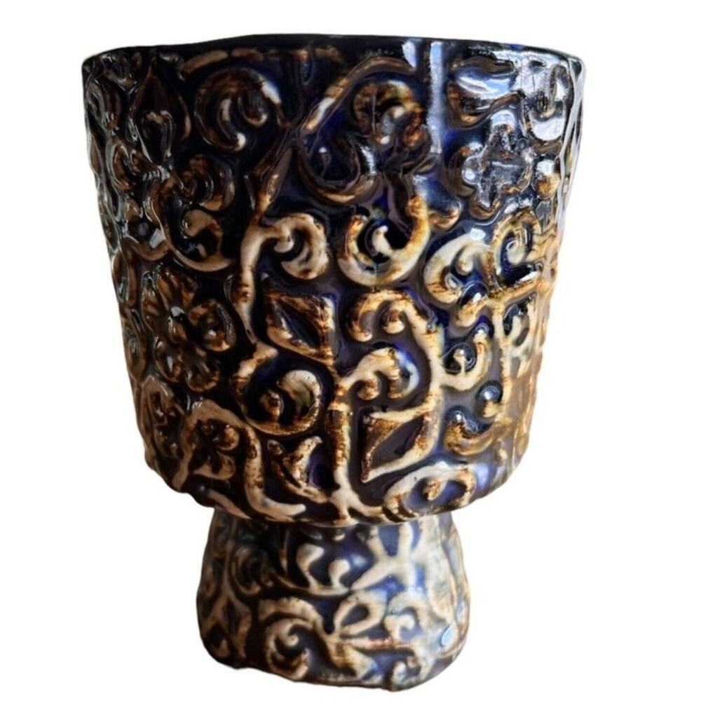 VTG Floralware Footed Round Planter Vase Succulent House Plant Floral Blue Brown